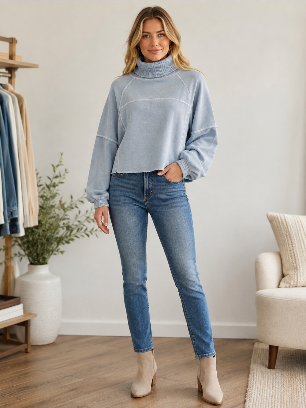 Aerie slightly Oversized cropped Light Blue Turtleneck Pullover Sweater Size S